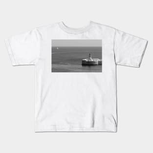 Away. Sailboat and Lighthouse off Malta Coast BW. Kids T-Shirt